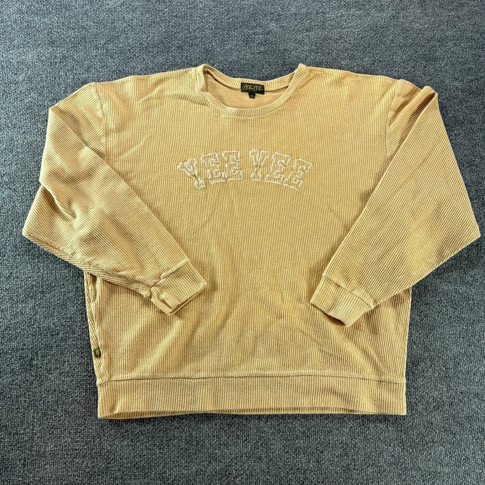 Yee Yee Corduroy Sweatshirt Mens Large Tan Ribbed Pullover Varsity Logo Yellow